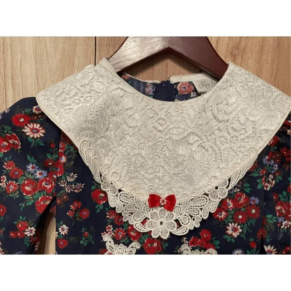 Rare Editions size 7 Girls prairie dress made in USA blue red white lace vintage